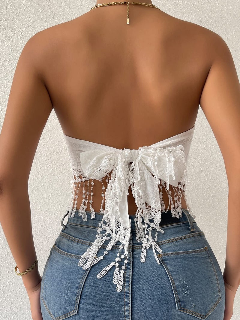 MakeMeChic Women's Boho Crop Tube Top Floral Tie Back Cute Bandana Tops White M - Image 2