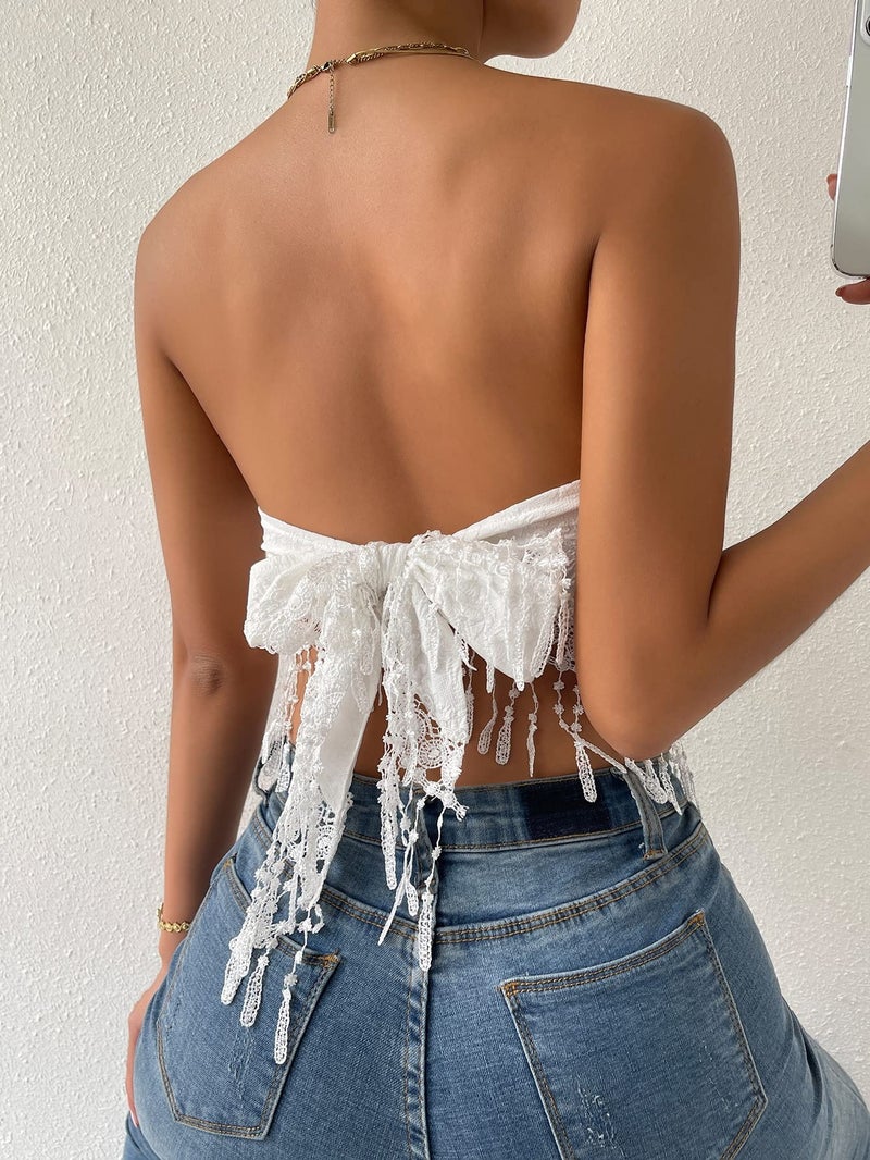 MakeMeChic Women's Boho Crop Tube Top Floral Tie Back Cute Bandana Tops White M - Image 4