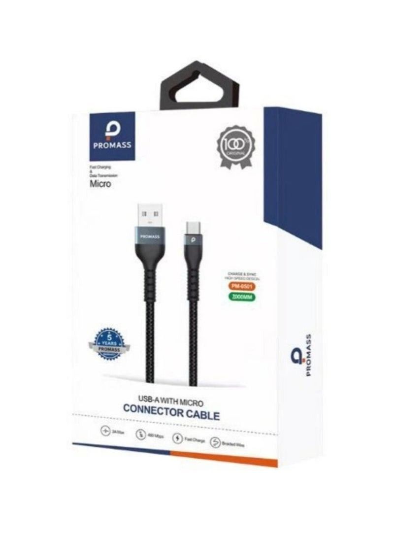 PROMASS Micro Charging Cable 2m Anticutting Fabric Supports 3A Fast Charging - Image 1