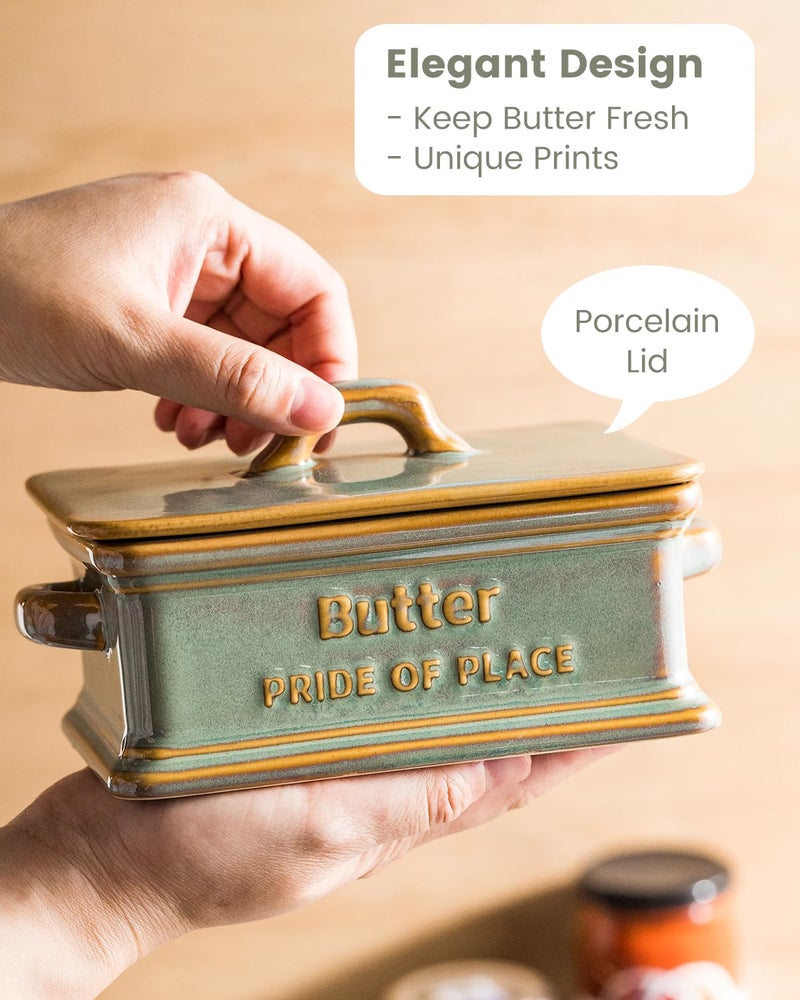 Zoeeker Butter Dish with Lid, Ceramic Butter Holder Container Large Butter Dish for Countertop Farmhouse Decor for Mother's Day, Butter Keeper for East West Coast Butter, Green - Image 4