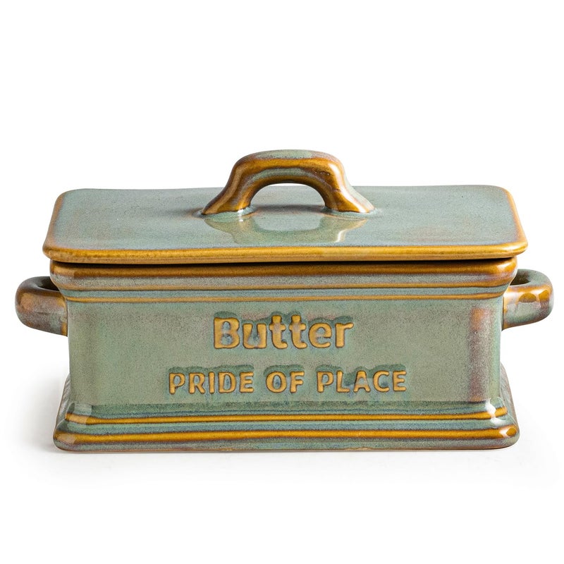 Zoeeker Butter Dish with Lid, Ceramic Butter Holder Container Large Butter Dish for Countertop Farmhouse Decor for Mother's Day, Butter Keeper for East West Coast Butter, Green - Image 1