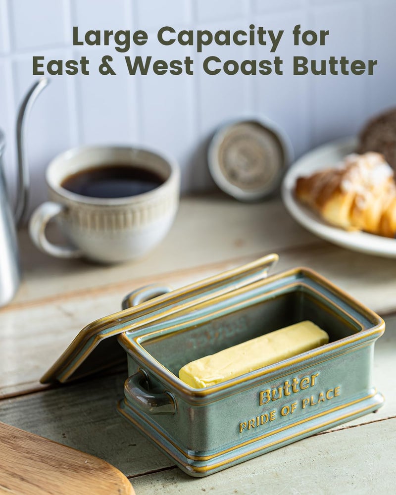 Zoeeker Butter Dish with Lid, Ceramic Butter Holder Container Large Butter Dish for Countertop Farmhouse Decor for Mother's Day, Butter Keeper for East West Coast Butter, Green - Image 5