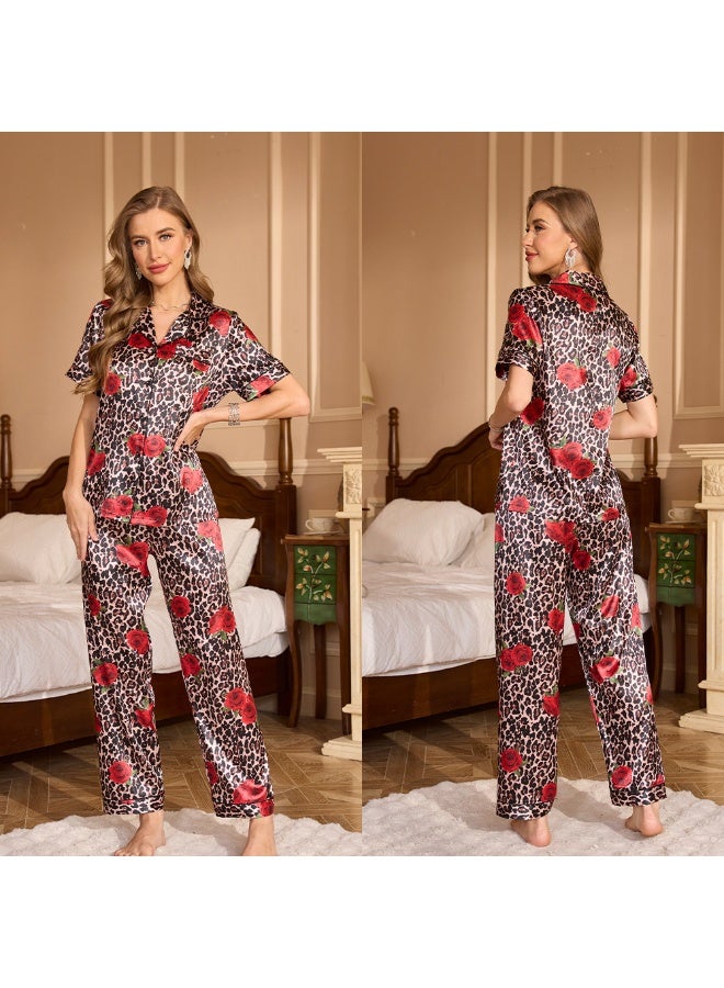 Women Short Sleeved Nightwear Print Flower Pajamas Suit Summer Sleepwear Satin Home Clothes Loose Top&Trouser Pyjamas Loungewear - Image 1
