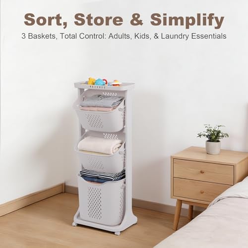 FAHKNS 3-Tier Laundry Sorter Cart with Wheels, Large 75L Capacity Hamper Organizer, Rolling Storage with Removable Mesh Bins for Laundry Use in Home, Dorm, Apartment (17.3" x 13.1" x 42.6) - Image 3