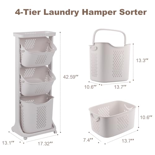 FAHKNS 3-Tier Laundry Sorter Cart with Wheels, Large 75L Capacity Hamper Organizer, Rolling Storage with Removable Mesh Bins for Laundry Use in Home, Dorm, Apartment (17.3" x 13.1" x 42.6) - Image 2