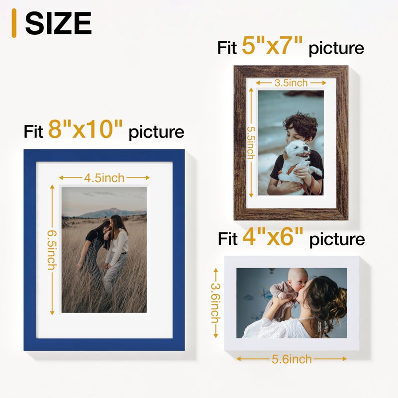 Vittanly 15 Pack Picture Frames Collage Wall Decor, Multi Sizes Including 3pcs 8x10, 6pcs 5x7 and 6pcs 4x6 Photo Frames, Gallery Frame Set for Wall or Tabletop Display, Blue, Brown and White - Image 3
