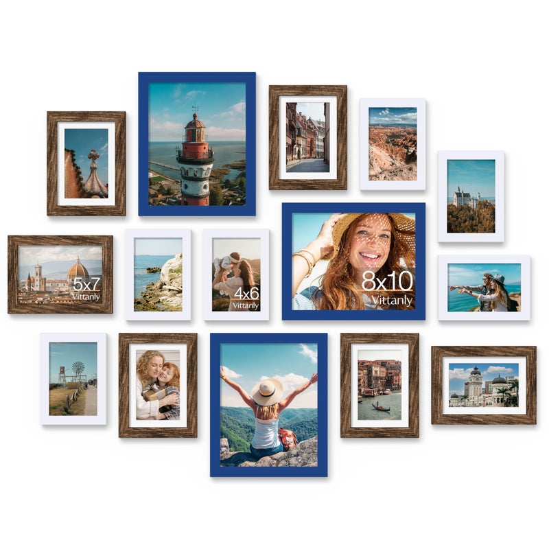 Vittanly 15 Pack Picture Frames Collage Wall Decor, Multi Sizes Including 3pcs 8x10, 6pcs 5x7 and 6pcs 4x6 Photo Frames, Gallery Frame Set for Wall or Tabletop Display, Blue, Brown and White - Image 1