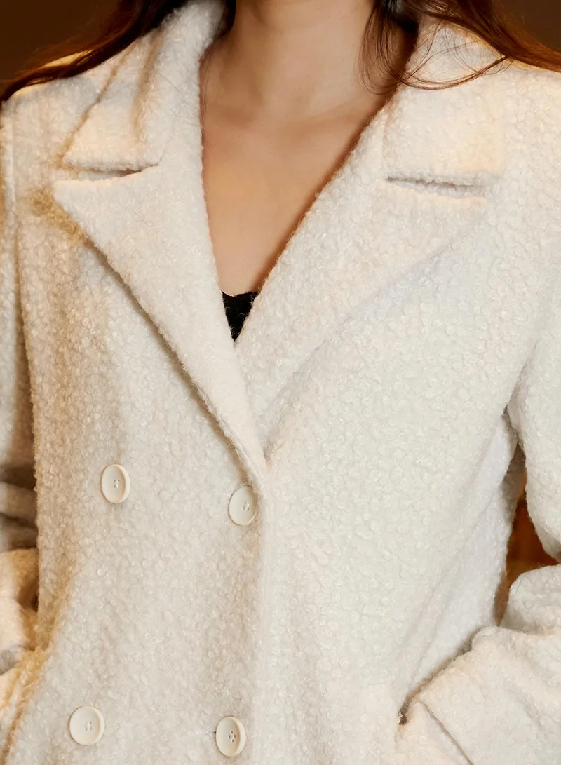 كامبوس سوترا Women's Ivory White Double-Breasted Fleece Long Coat