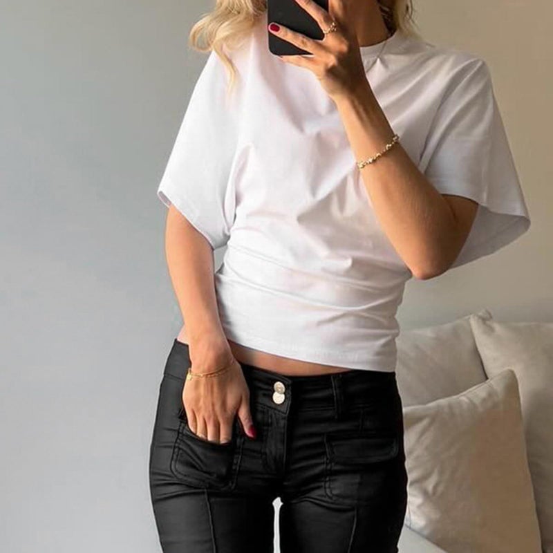 Foidiccx Womens Wide Short Sleeve Y2k Shirts Summer Going Out Corset Grunge Tops Loose Fit Tee Streetwear Cinched Waist T Shirt Vintage Aesthetic Fitted Casual Cropped Top (White, L) - Image 2