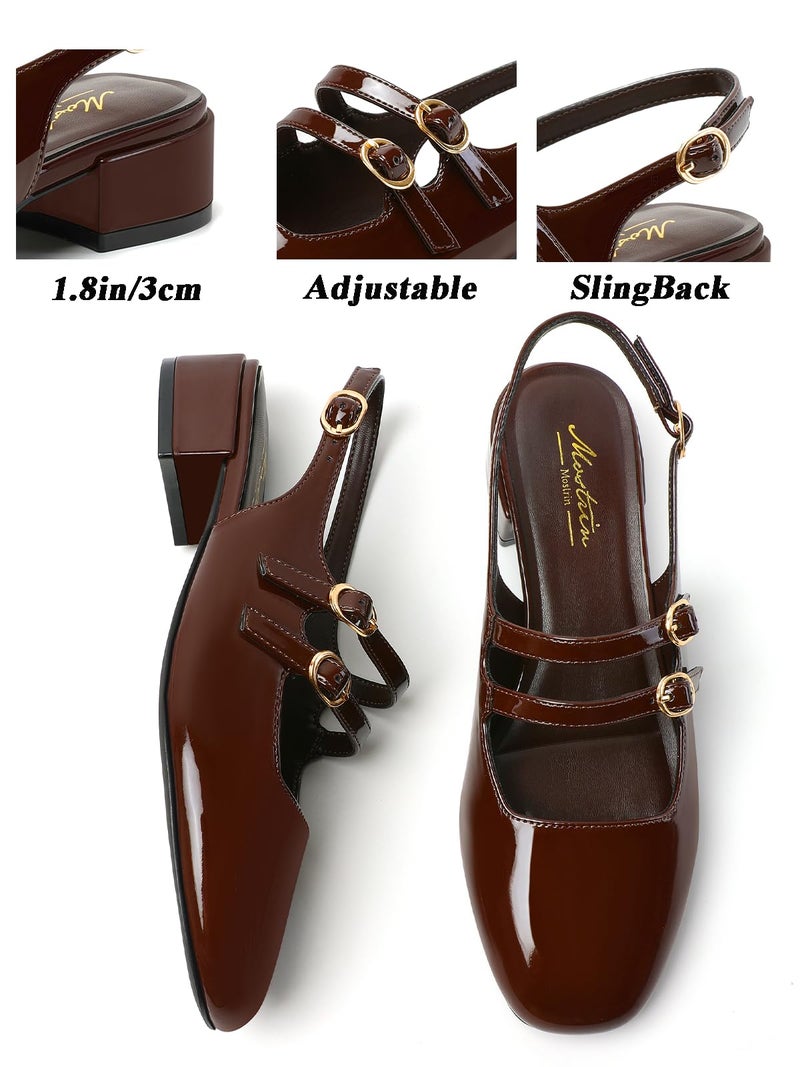Mostrin Chocolate Mary Jane Shoes Women Slingback Chunky Low Heels for Women Closed Rounded Toe Ankle Strap Pumps Daily Wedding Party Dress Shoes Size 8 - Image 4