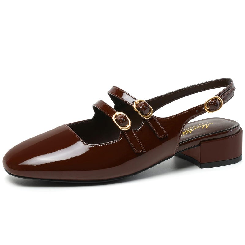 Mostrin Chocolate Mary Jane Shoes Women Slingback Chunky Low Heels for Women Closed Rounded Toe Ankle Strap Pumps Daily Wedding Party Dress Shoes Size 8 - Image 1