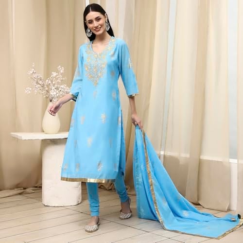 Biba Women Blue Poly Chanderi Fitted Kurta Set_42 - Image 2