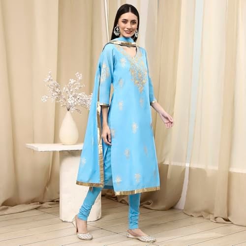 Biba Women Blue Poly Chanderi Fitted Kurta Set_42 - Image 4