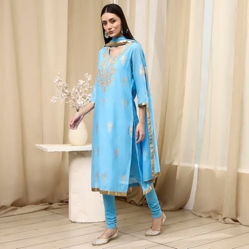 Biba Women Blue Poly Chanderi Fitted Kurta Set_42 - Image 3