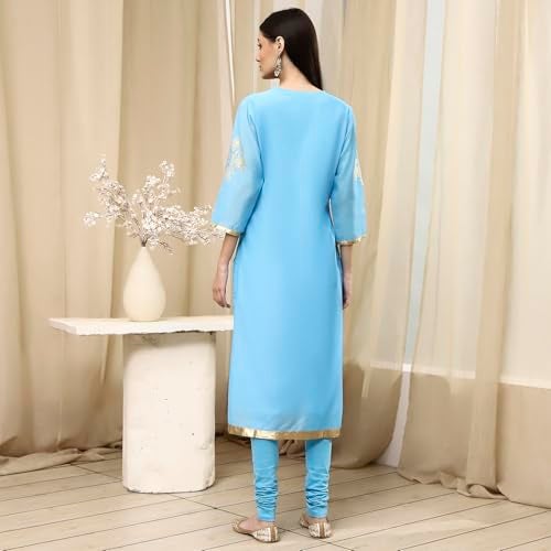 Biba Women Blue Poly Chanderi Fitted Kurta Set_42 - Image 5