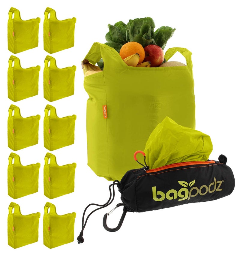 bagpodz Sturdy Reusable Grocery Bags Foldable and Washable  Made From RipStop Nylon Hold 50lbs  Designed in USA Reusable Shopping Bags Inside a Compact Pod with Carry Clip  10 Pack in Green 