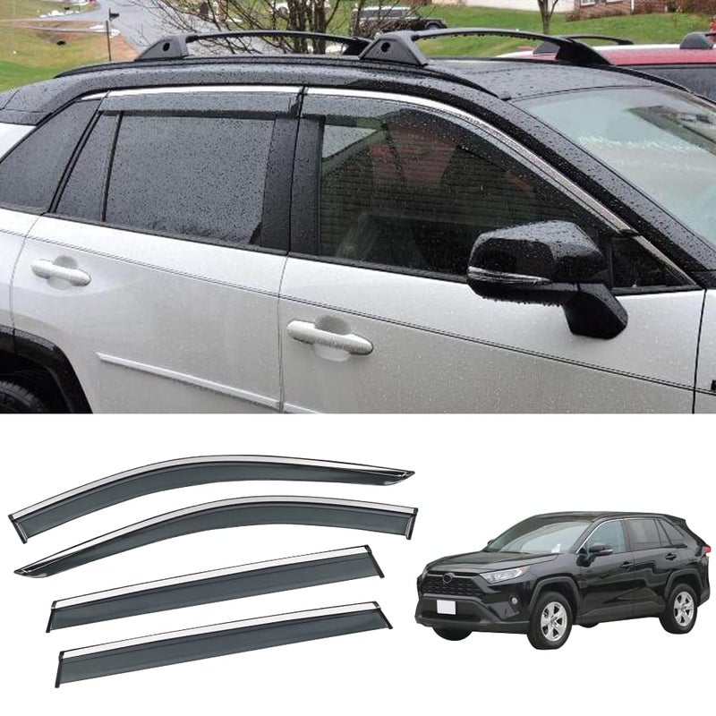 VESUL Tape on Vent Visor Compatible with Toyota RAV4 20192025 Polycarbonate Rain Guard Window Wind Deflector Shield Stainless Steel Trim