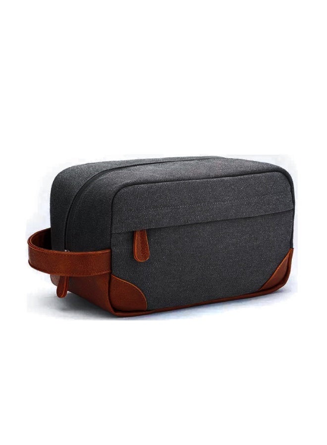 Unisex Vintage Toiletry Bag, Multi-Compartment Zippered Portable Waterproof Cosmetic Case, Large Capacity Storage Bag with Handle and Hanging Option, Leather-Bottomed Sturdy Travel Organizer(Black) - Image 1