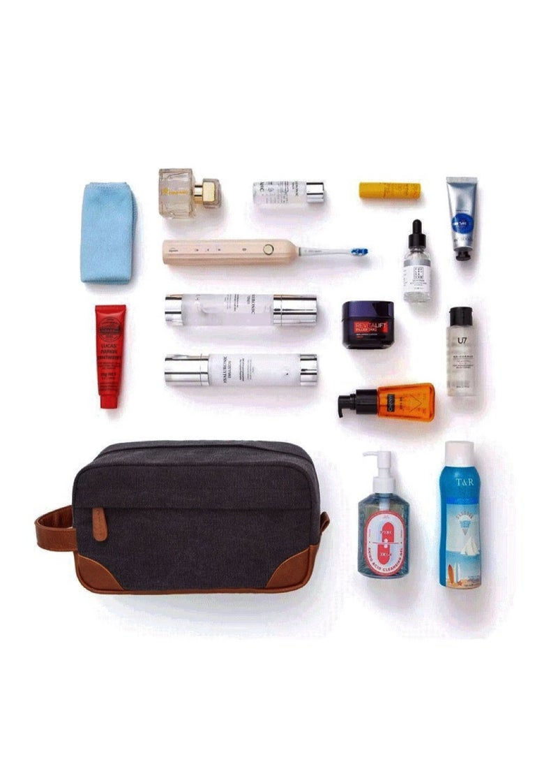 Unisex Vintage Toiletry Bag, Multi-Compartment Zippered Portable Waterproof Cosmetic Case, Large Capacity Storage Bag with Handle and Hanging Option, Leather-Bottomed Sturdy Travel Organizer(Black) - Image 4