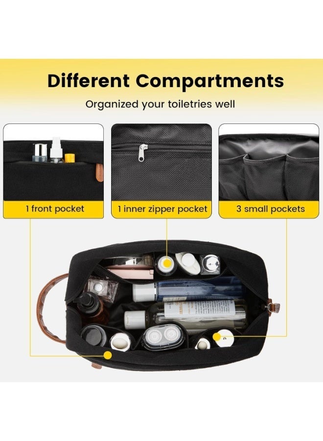 Unisex Vintage Toiletry Bag, Multi-Compartment Zippered Portable Waterproof Cosmetic Case, Large Capacity Storage Bag with Handle and Hanging Option, Leather-Bottomed Sturdy Travel Organizer(Black) - Image 5