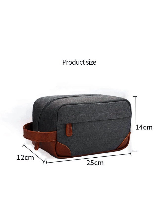 Unisex Vintage Toiletry Bag, Multi-Compartment Zippered Portable Waterproof Cosmetic Case, Large Capacity Storage Bag with Handle and Hanging Option, Leather-Bottomed Sturdy Travel Organizer(Black) - Image 2