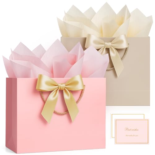 ANZNKU 2PCS Gift Bags for Women Pink Beige Medium Gift Bags with Handles 4 Tissue Paper 2 Ribbons 2 Cards for Her Wedding Graduation Birthday Engagement Bridal Baby Shower Party Favors Presents - Image 1