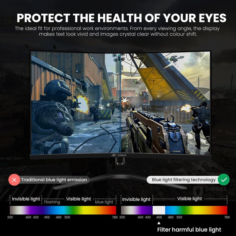 CRUA 27" inch FHD 180Hz Gaming Monitor Curved 1800R Display Screen 1080P(1920x1080) Fast 1ms(GTG) 100% sRGB FreeSync Suitable for e-sports games, home use, and office use - Image 4