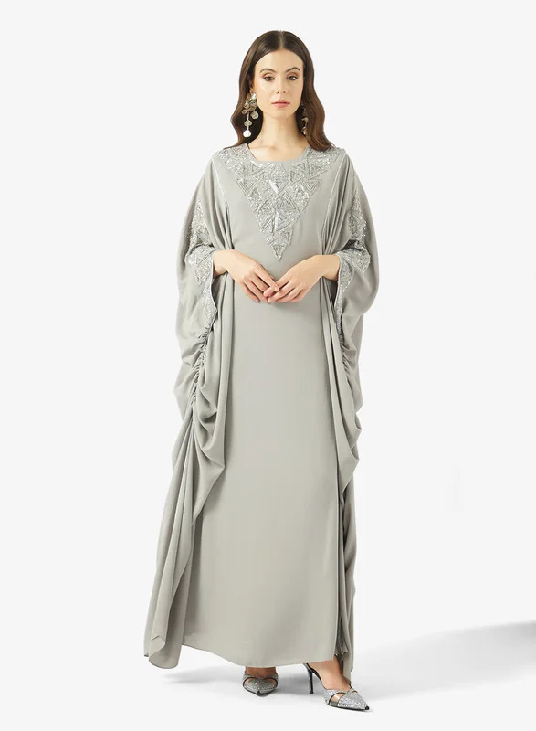 AINA Embroidered Round-Neck Jalabiya with Ruched Details