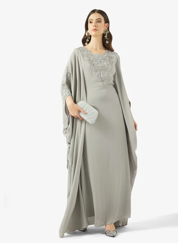 AINA Embroidered Round-Neck Jalabiya with Ruched Details