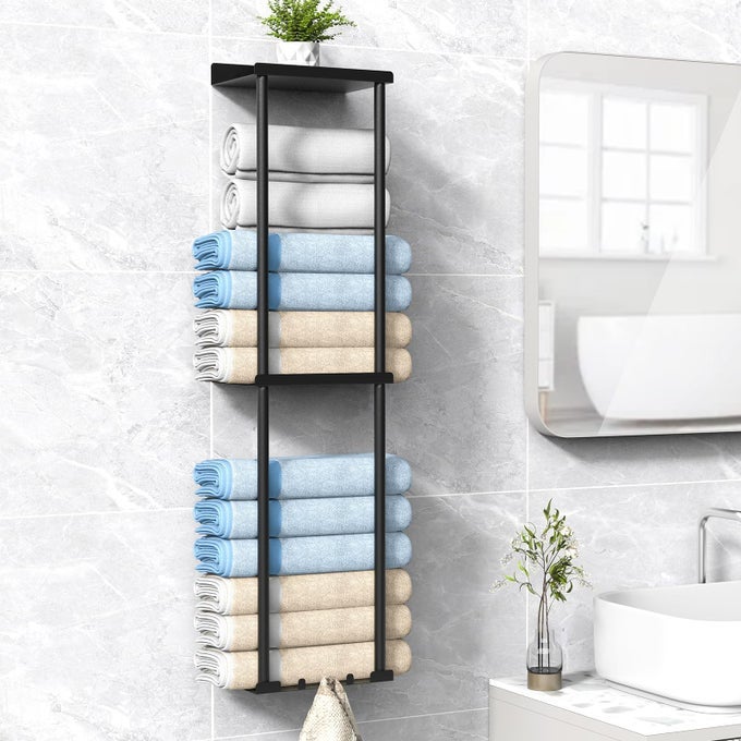 TOWEL RACK FOR BATHROOM WALL MOUNTED VERTICAL ROLLED TOWEL STORAGE ORGANIZER HOLDER WITH SHELF HOLDS UP 6 LARGE BATH SHEETS BLACK