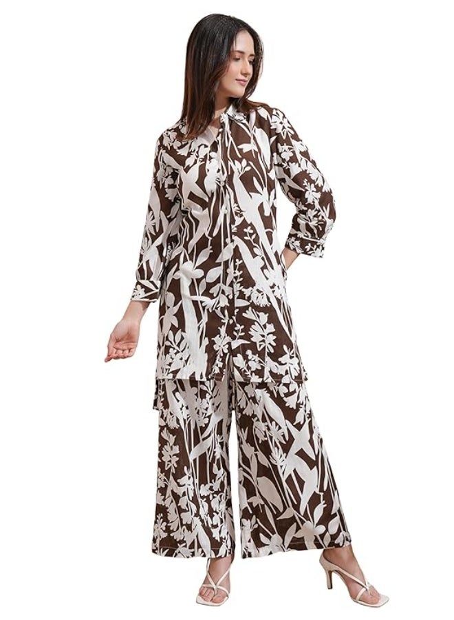 Vishudh womens Co-Ord Set brown/white rayon xl - Image 1