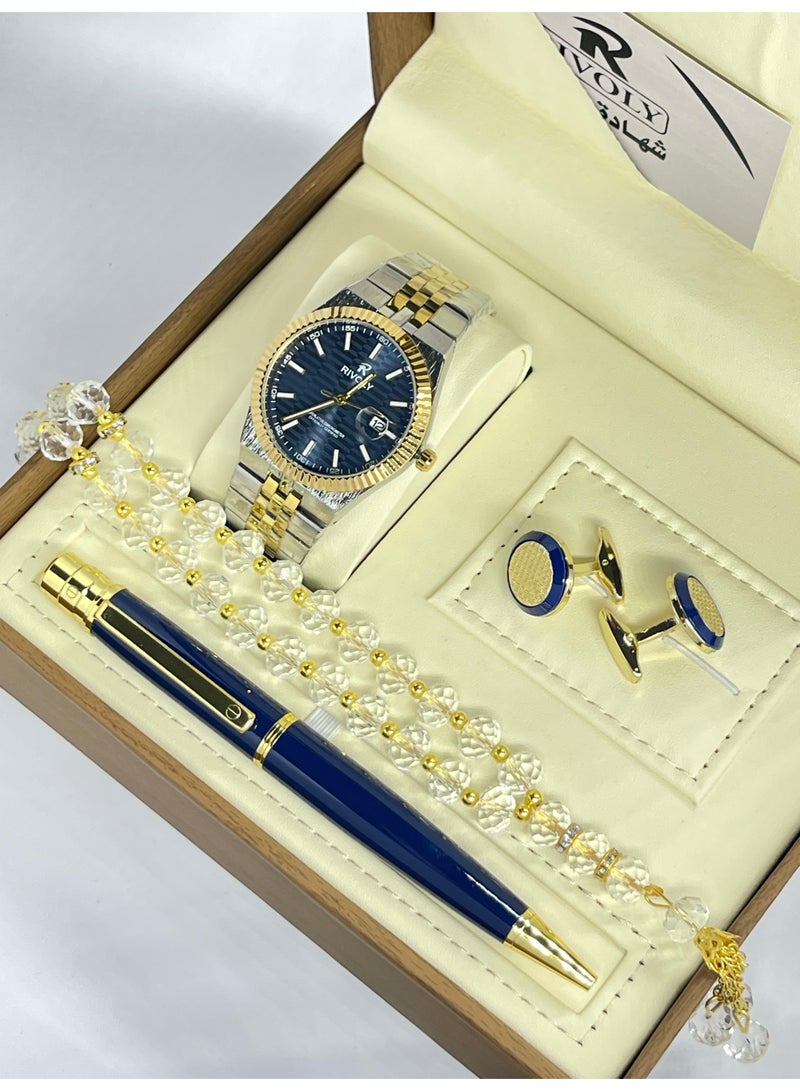 ريفولي طقم رجالي من الستانلس ستيل يتكون من ساعة وسبحة وقلم وازرار اكمام - Image 1