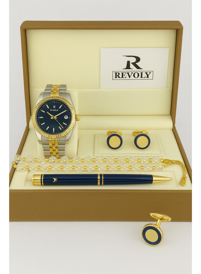 ريفولي طقم رجالي من الستانلس ستيل يتكون من ساعة وسبحة وقلم وازرار اكمام - Image 2