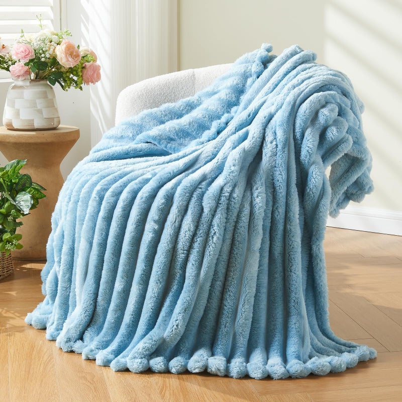 NEWCOSPLAY Super Soft Twin Blanket Blue Premium Silky Flannel Fleece 3D Ribbed Jacquard Lightweight Bed Blanket All Season Use (Blue Ribbed  Twin(60""x80"")) - Image 1