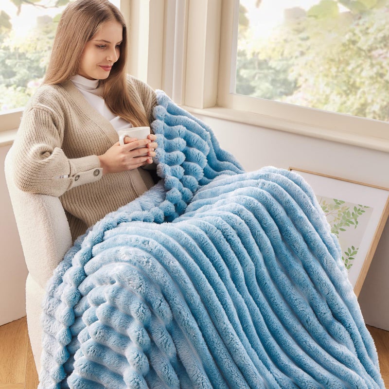 NEWCOSPLAY Super Soft Twin Blanket Blue Premium Silky Flannel Fleece 3D Ribbed Jacquard Lightweight Bed Blanket All Season Use (Blue Ribbed  Twin(60""x80"")) - Image 2