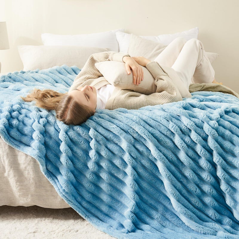 NEWCOSPLAY Super Soft Twin Blanket Blue Premium Silky Flannel Fleece 3D Ribbed Jacquard Lightweight Bed Blanket All Season Use (Blue Ribbed  Twin(60""x80"")) - Image 4