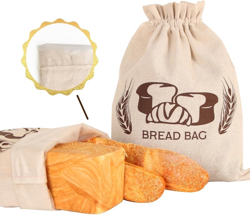 FEXIA 2 Pack Reusable Bread Bags for Homemade Bread - Plastic Lined - Sourdough Storage Pure Linen 17" x 13" XL Bread Storage Housewarming, Wedding Gift, Storage for Artisan Bread Bakery & Baguette - Image 1