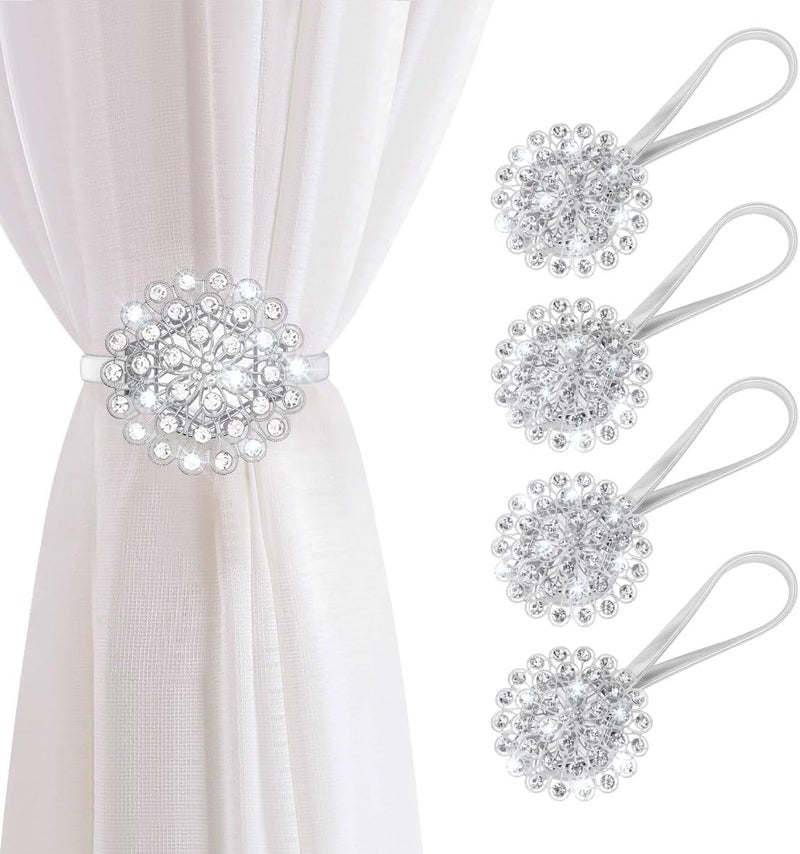 AULEEP Magnetic Curtain Tiebacks, 4 Pack Modern Metal Curtain Tie Backs, Indoor & Outdoor Use Decorative Drapes Clips Buckle with Crystal Flower Beads for Thin or Thick Curtains(Crystal Silver) - Image 1
