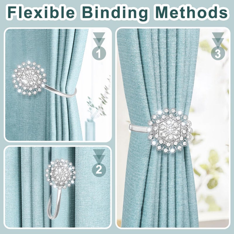 AULEEP Magnetic Curtain Tiebacks, 4 Pack Modern Metal Curtain Tie Backs, Indoor & Outdoor Use Decorative Drapes Clips Buckle with Crystal Flower Beads for Thin or Thick Curtains(Crystal Silver) - Image 3