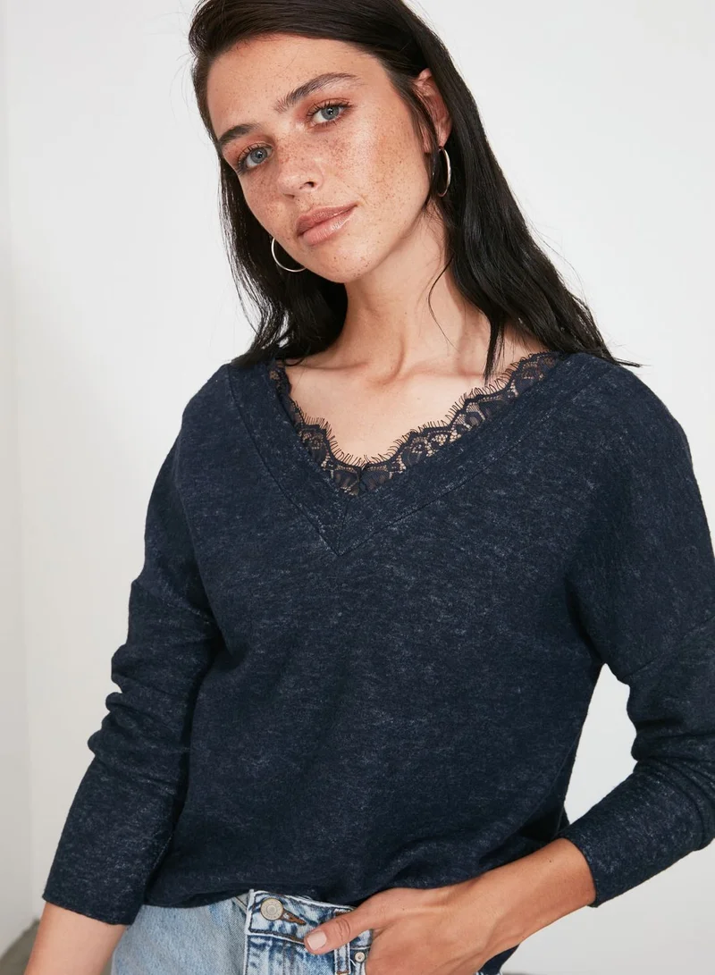trendyol Lace Trim V-Neck Top