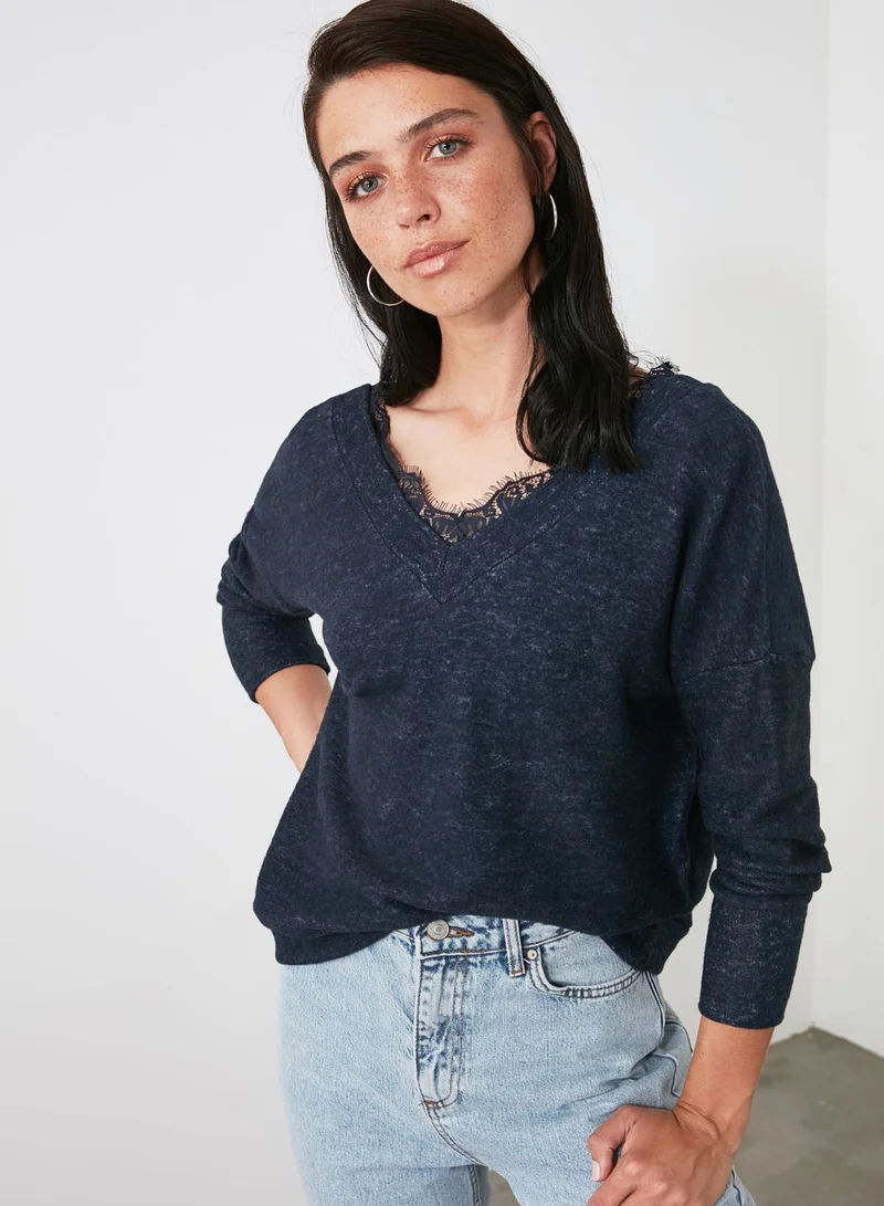 trendyol Lace Trim V-Neck Top
