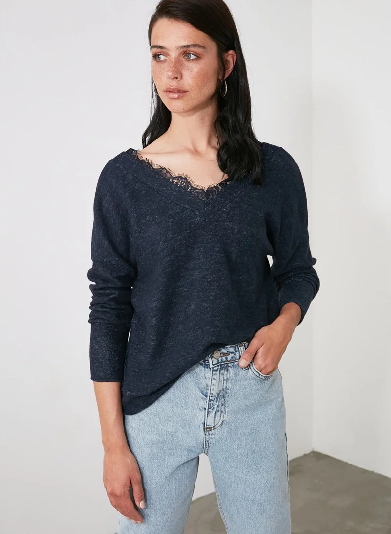 trendyol Lace Trim V-Neck Top