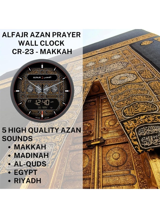 Alfajr Azan Clock CR-23 Makkah Special Edition Bab-E-Kaba Design – 33cm Analog-Digital Islamic Wall Clock With 5 Prayer Alarms, Dual Calendar, Multiple Athan Sounds, Arabic/English – For Home & Mosque (Model CR-23 Black) - Image 2