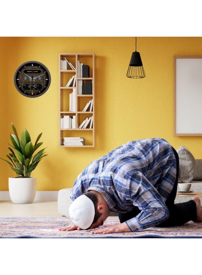 Alfajr Azan Clock CR-23 Makkah Special Edition Bab-E-Kaba Design – 33cm Analog-Digital Islamic Wall Clock With 5 Prayer Alarms, Dual Calendar, Multiple Athan Sounds, Arabic/English – For Home & Mosque (Model CR-23 Black) - Image 3