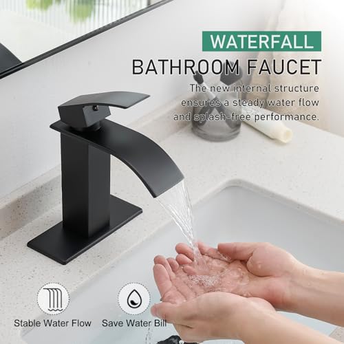VOTON Black Bathroom Faucets Modern Waterfall Bathroom Sink Faucet Matte Black Single Handle Bathroom Faucet for 1 or 3 Holes with Deck Plate and Pop-Up Drain, Rv Sink Camper Farmhouse Bathroom Faucet - Image 2