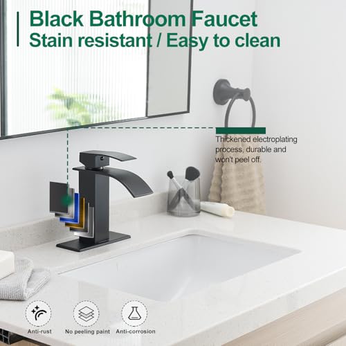 VOTON Black Bathroom Faucets Modern Waterfall Bathroom Sink Faucet Matte Black Single Handle Bathroom Faucet for 1 or 3 Holes with Deck Plate and Pop-Up Drain, Rv Sink Camper Farmhouse Bathroom Faucet - Image 5