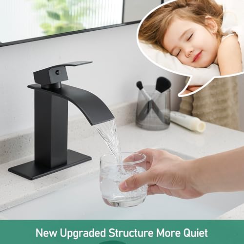VOTON Black Bathroom Faucets Modern Waterfall Bathroom Sink Faucet Matte Black Single Handle Bathroom Faucet for 1 or 3 Holes with Deck Plate and Pop-Up Drain, Rv Sink Camper Farmhouse Bathroom Faucet - Image 4
