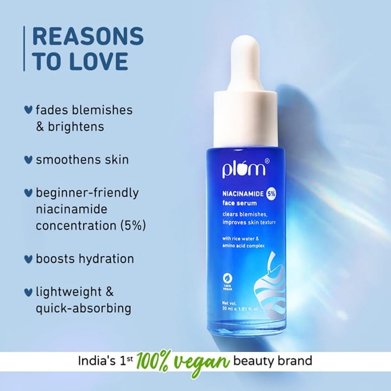 Plum 5 Niacinamide Face Serum for Clear  Bright Skin  with Rice Water  Provides Clear Glowing  Brightening Skin  Lightweight  Beginner Friendly Serum for Women  Men  All Skin Types  30ml - Image 2