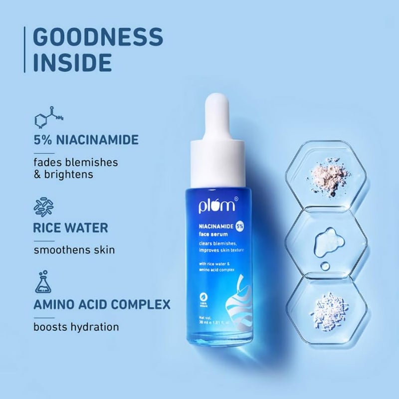 Plum 5 Niacinamide Face Serum for Clear  Bright Skin  with Rice Water  Provides Clear Glowing  Brightening Skin  Lightweight  Beginner Friendly Serum for Women  Men  All Skin Types  30ml - Image 3