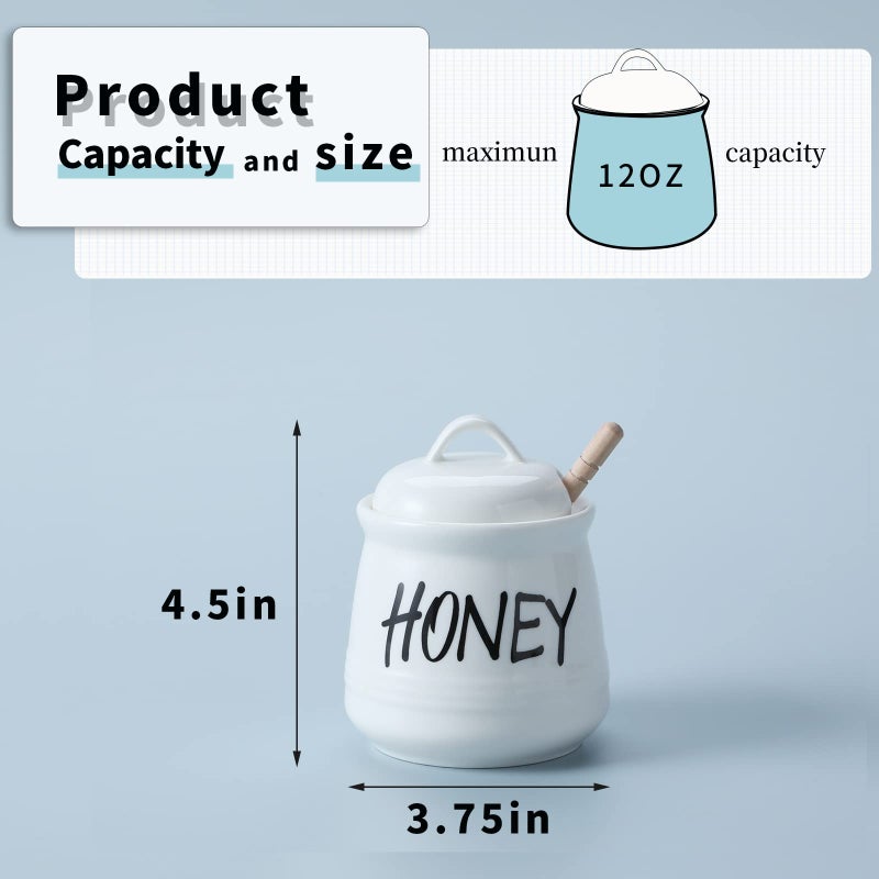 Haotop Porcelain Small Honey Jar With Lid And Honey Dipper 12Oz (White) - Image 2
